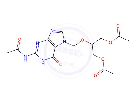 Chemical structure of 2-((2-acetamido-6-oxo-1H-purin-7(6H)-yl)methoxy)propane-1,3-diyl diacetate
