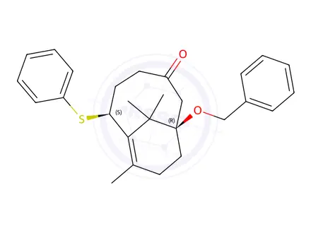 Chemical structure of 1-benzyloxy-8,11,11-trimethyl-6-phenylthiobicyclo(5.3.1)undec-7-en-3-one
