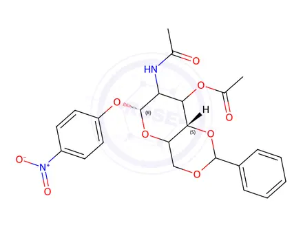 Chemical structure of p-Nitrophenyl 2-Acetamido-3-O-acetyl-4,6-O-benzylidene-2-deoxy-α-D-glucopyranoside