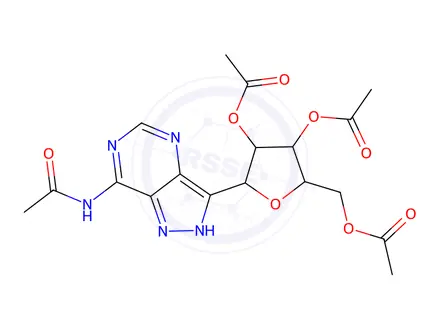 Chemical structure of (2S,3S,4R,5R)-2-(7-Acetamido-1H-pyrazolo[4,3-d]pyrimidin-3-yl)-5-(acetoxymethyl)tetrahydrofuran-3,4-diyl diacetate