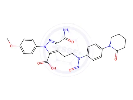 Chemical structure of 3-carbamoyl-1-(4-methoxyphenyl)-4-(2-(nitroso(4-(2-oxopiperidin-1-yl)phenyl)amino)ethyl)-1H-pyrazole-5-carboxylic acid