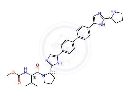 Chemical structure of Methyl ((S)-3-methyl-1-oxo-1-((S)-2-(5-(4'-(2-((S)-pyrrolidin-2-yl)-1H-imidazol-5-yl)-[1,1'-biphenyl]-4-yl)-1H-imidazol-2-yl)pyrrolidin-1-yl)butan-2-yl)carbamate