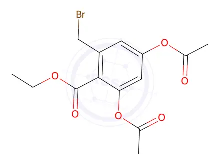 Chemical structure of 5-(Bromomethyl)-4-(ethoxycarbonyl)-1,3-phenylene diacetate