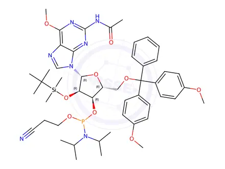 Chemical structure of N-Acetyl-2'-O-[(tert-butyl)dimethylsilyl]-5'-O-DMT-6'-O-methylguanosine-3'-CE phosphoramidite