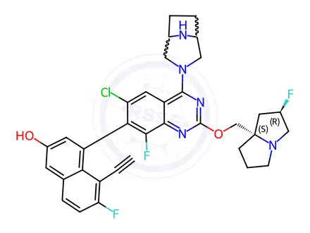 Chemical structure of 2-Naphthalenol, 4-[6-chloro-4-(3,8-diazabicyclo[3.2.1]oct-3-yl)-8-fluoro-2-[[(2R,7aS)-2-fluorotetrahydro-1H-pyrrolizin-7a(5H)-yl]methoxy]-7-quinazolinyl]-5-ethynyl-6-fluoro-