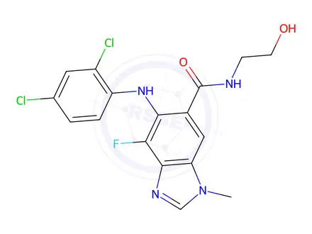 Chemical structure of 5-((2,4-dichlorophenyl)amino)-4-fluoro-N-(2-hydroxyethyl)-1-methyl-1H-benzo[d]imidazole-6-carboxamide