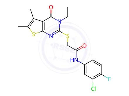 Chemical structure of N-(3-Chloro-4-fluorophenyl)-2-((3-ethyl-5,6-dimethyl-4-oxo-3,4-dihydrothieno[2,3-d]pyrimidin-2-yl)thio)acetamide