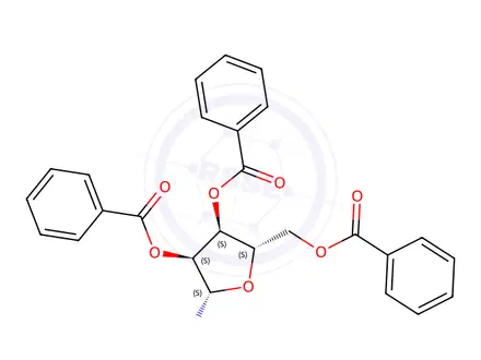 Chemical structure of 5-METHYL-1-(2'', 3'', 5''-TRI-O-BENZOYL-β-L-RIBOFURANOSYL)URACIL