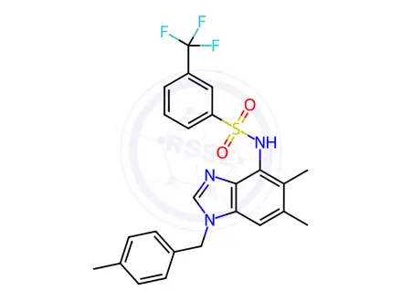 Chemical structure of N-(5,6-dimethyl-1-(4-methylbenzyl)-1H-benzo[d]imidazol-4-yl)-3-(trifluoromethyl)benzenesulfonamide