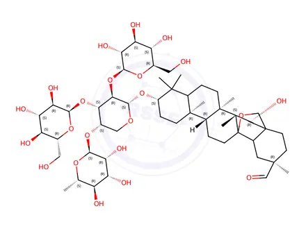 Chemical structure of cyclamiretin A 3-O-rhamnopyranosyl-1-4-glucopyranosyl-1-2-(glucopyranosyl-1-4)-arabinopyranoside