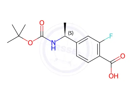 Chemical structure of (S)-4-(1-((tert-butoxycarbonyl)amino)ethyl)-2-fluorobenzoic acid