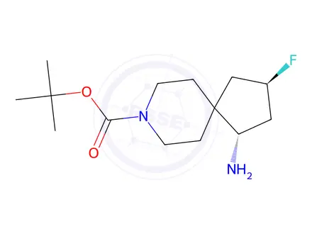 Chemical structure of Tert-butyl (1S,3R)-1-amino-3-fluoro-8-azaspiro[4.5]Decane-8-carboxylate