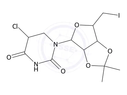 Chemical structure of 5-Chloro-1-((3aR,4R,6S,6aS)-6-(iodomethyl)-2,2-dimethyltetrahydrofuro[3,4-d][1,3]dioxol-4-yl)pyrimidine-2,4(1H,3H)-dione