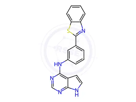 Chemical structure of N-(3-(Benzo[d]thiazol-2-yl)phenyl)-7H-pyrrolo[2,3-d]pyrimidin-4-amine