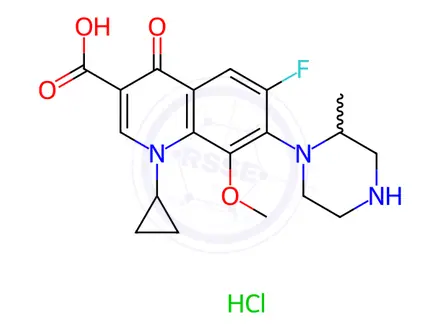 Chemical structure of 1-Cyclopropyl-6-fluoro-8-methoxy-7-(2-methylpiperazin-1-yl)-4-oxo-1,4-dihydroquinoline-3-carboxylic Acid Monohydrochloride
