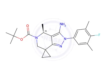Chemical structure of tert-Butyl (S)-3'-amino-2'-(4-fluoro-3,5-dimethylphenyl)-4'-methyl-2',4'-dihydrospiro[cyclopropane-1,7'-pyrazolo[4,3-c]pyridine]-5'(6'H)-carboxylate