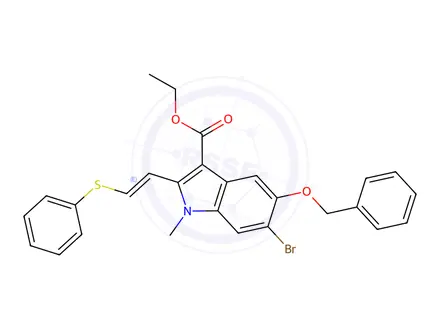Chemical structure of (E)-Ethyl 5-(benzyloxy)-6-bromo-1-methyl-2-(2-(phenylthio)vinyl)-1H-indole-3-carboxylate