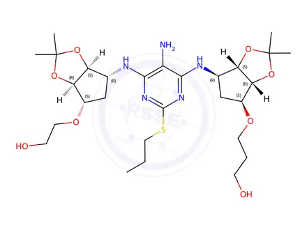 Chemical structure of 3-(((3aR,4S,6R,6aS)-6-((5-amino-6-(((3aS,4R,6S,6aR)-6-(2-hydroxyethoxy)-2,2-dimethyltetrahydro-3aH-cyclopenta[d][1,3]dioxol-4-yl)amino)-2-(propylthio)pyrimidin-4-yl)amino)-2,2-dimethyltetrahydro-3aH-cyclopenta[d][1,3]dioxol-4-yl)oxy)propan-1-ol