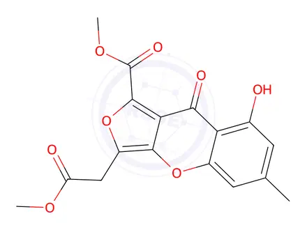 Chemical structure of Methyl 8-hydroxy-3-(2-methoxy-2-oxoethyl)-6-methyl-9-oxo-9H-furo[3,4-b]chromene-1-carboxylate