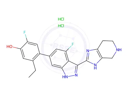 Chemical structure of 5-Ethyl-2-fluoro-4-[4-fluoro-3-(4,5,6,7-tetrahydro-3h-imidazo[4,5-c]pyridin-2-yl)-1h-indazol-6-yl]phenol;dihydrochloride