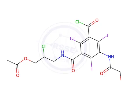 Chemical structure of 2-chloro-3-(3-(chlorocarbonyl)-2,4,6-triiodo-5-(2-methoxyacetamido)benzamido)propyl acetate