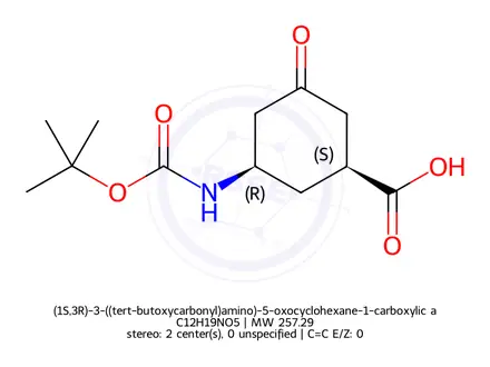 Chemical structure of (1S,3R)-3-((tert-butoxycarbonyl)amino)-5-oxocyclohexane-1-carboxylic acid
