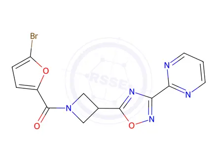 Chemical structure of (5-Bromofuran-2-yl)(3-(3-(pyrimidin-2-yl)-1,2,4-oxadiazol-5-yl)azetidin-1-yl)methanone