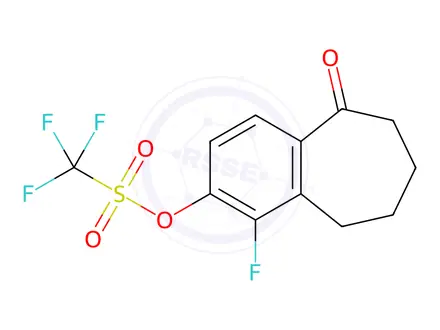 Chemical structure of 1-Fluoro-5-oxo-6,7,8,9-tetrahydro-5H-benzo[7]annulen-2-yl trifluoromethanesulfonate