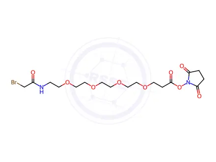 Chemical structure of 4,7,10,13-Tetraoxa-16-azaoctadecanoic acid, 18-bromo-17-oxo-, 2,5-dioxo-1-pyrrolidinyl ester
