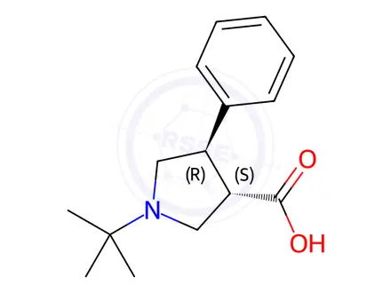 Chemical structure of (3S,4R)-1-(tert-butyl)-4-phenylpyrrolidine-3-carboxylic acid