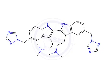 Chemical structure of 2,2’-(5,5’-Bis((1H-1,2,4-triazol-1-yl)methyl)-2,2’-bi(1H-indole)-2,2’-diyl)bis(N,N-dimethylethanamine)