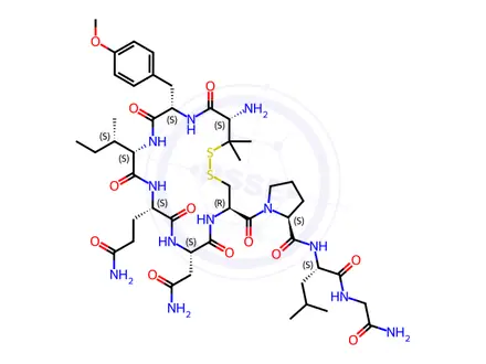Chemical structure of Oxytocin, 1-(3-mercapto-d-valine)-2-(O-methyl-l-tyrosine)-