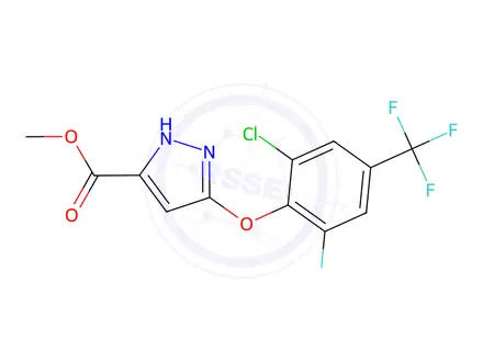 Chemical structure of Methyl 3-(2-chloro-6-fluoro-4-(trifluoromethyl)phenoxy)-1H-pyrazole-5-carboxylate