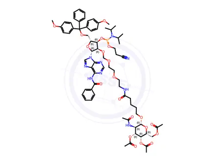 Chemical structure of Adenosine, N-benzoyl-5'-O-[bis(4-methoxyphenyl)phenylmethyl]-2'-O-[[2-[2-[[1-oxo-5-[[3,4,6-tri-O-acetyl-2-(acetylamino)-2-deoxy-β-D-galactopyranosyl]oxy]pentyl]amino]ethoxy]ethoxy]methyl]-, 3'-[2-cyanoethyl N,N-bis(1-methylethyl)phosphoramidite]