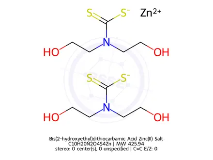 Chemical structure of Bis(2-hydroxyethyl)dithiocarbamic Acid Zinc(II) Salt