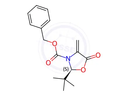 Chemical structure of 3-Oxazolidinecarboxylic acid, 2-(1,1-dimethylethyl)-4-methylene-5-oxo-, phenylmethyl ester, (2S)-