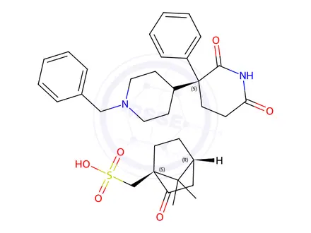 Chemical structure of (1S)-2-oxobornane-10-sulphonic acid, compound with (S)-1'-benzyl-3-phenyl[3,4'-bipiperidine]-2,6-dione (1:1)