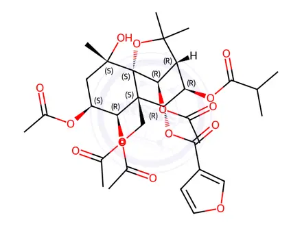 Chemical structure of 3-Furancarboxylic acid, (3R,4R,5R,5aS,6R,7S,9S,9aS,10R)-6,7,10-tris(acetyloxy)-5a-[(acetyloxy)methyl]octahydro-9-hydroxy-2,2,9-trimethyl-4-(2-methyl-1-oxopropoxy)-2H-3,9a-methano-1-benzoxepin-5-yl ester