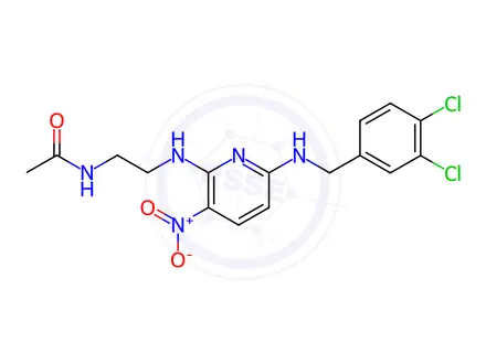 Chemical structure of Acetamide, N-[2-[[6-[[(3,4-dichlorophenyl)methyl]amino]-3-nitro-2-pyridinyl]amino]ethyl]-