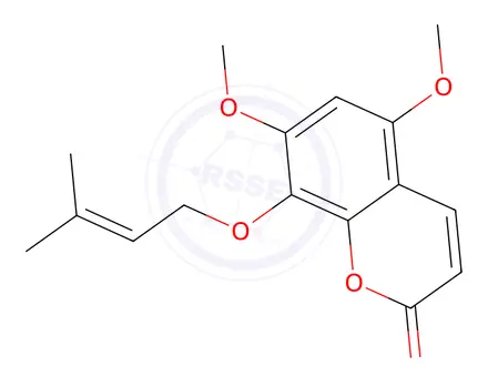 Chemical structure of 2H-1-Benzopyran-2-one,5,7-dimethoxy-8-[(3-methyl-2-buten-1-yl)oxy]-