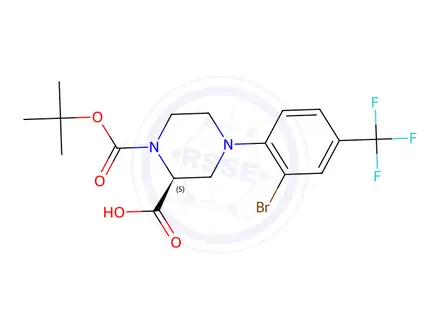 Chemical structure of (S)-4-(2-Bromo-4-(trifluoromethyl)phenyl)-1-(tert-butoxycarbonyl)piperazine-2-carboxylic acid