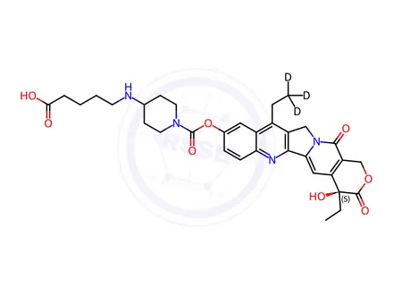 Chemical structure of 7-Ethyl-10-(4-N-aminopentanoic acid)-1-piperidino)carbonyloxycamptothecin-d3