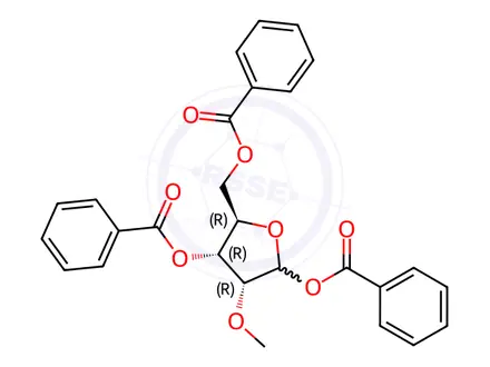 Chemical structure of 1,3,5-Tri-O-benzoyl-2-O-methyl-α-D-ribofuranose