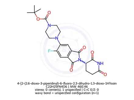 Chemical structure of 4-[2-(2,6-dioxo-3-piperidinyl)-6-fluoro-2,3-dihydro-1,3-dioxo-1H?isoindol-5-yl]-, 1,1-dimethylethyl ester-1-Piperazinecarboxylic acid