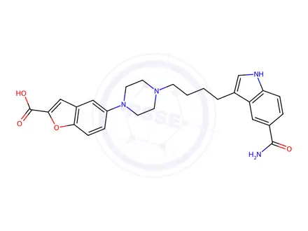 Chemical structure of 5-(4-(4-(5-Carbamoyl-1H-indol-3-yl)butyl)piperazin-1-yl)benzofuran-2-carboxylic acid