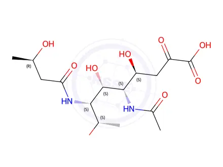 Chemical structure of 5-acetamido-3,5,7,9-tetradeoxy-7-(3-hydroxybutyramido)nonulosonic acid
