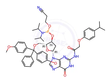 Chemical structure of Guanosine, 5'-O-[bis(4-methoxyphenyl)phenylmethyl]-2'-deoxy-N-[[4-(1-methylethyl)phenoxy]acetyl]-, 3'-[2-cyanoethyl bis(1-methylethyl)phosphoramidite]