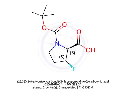 Chemical structure of (2S,3S)-1-(tert-butoxycarbonyl)-3-fluoropyrrolidine-2-carboxylic acid