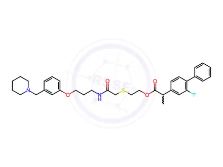 Chemical structure of flurbiprofen N-(3-(3-(1-piperidinylmethyl)phenoxy)propyl)-2-(2-hydroxyethylthio)acetamide