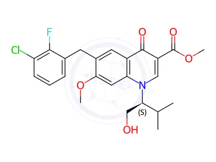 Chemical structure of Methyl (S)-6-(3-chloro-2-fluorobenzyl)-1-(1-hydroxy-3-methylbutan-2-yl)-7-methoxy-4-oxo-1,4-dihydroquinoline-3-carboxylate